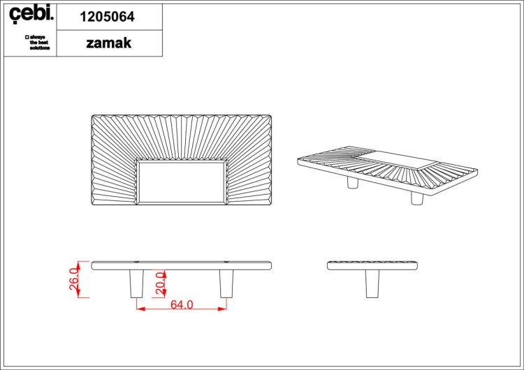 Uchwyt meblowy srebrny połysk, chrom. Prostokąt, pełny, mały.  CEBI 1205.064.MP02