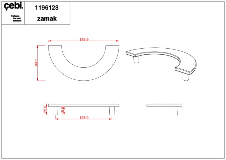 Uchwyt meblowy szczotkowana stal półkole CEBI 1196.128.MP08 16cm.