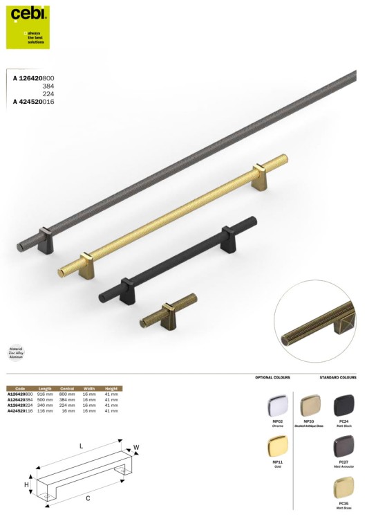 Uchwyt meblowy mosiądz złoty mat CEBI 1264.20.224.MP35 34 cm